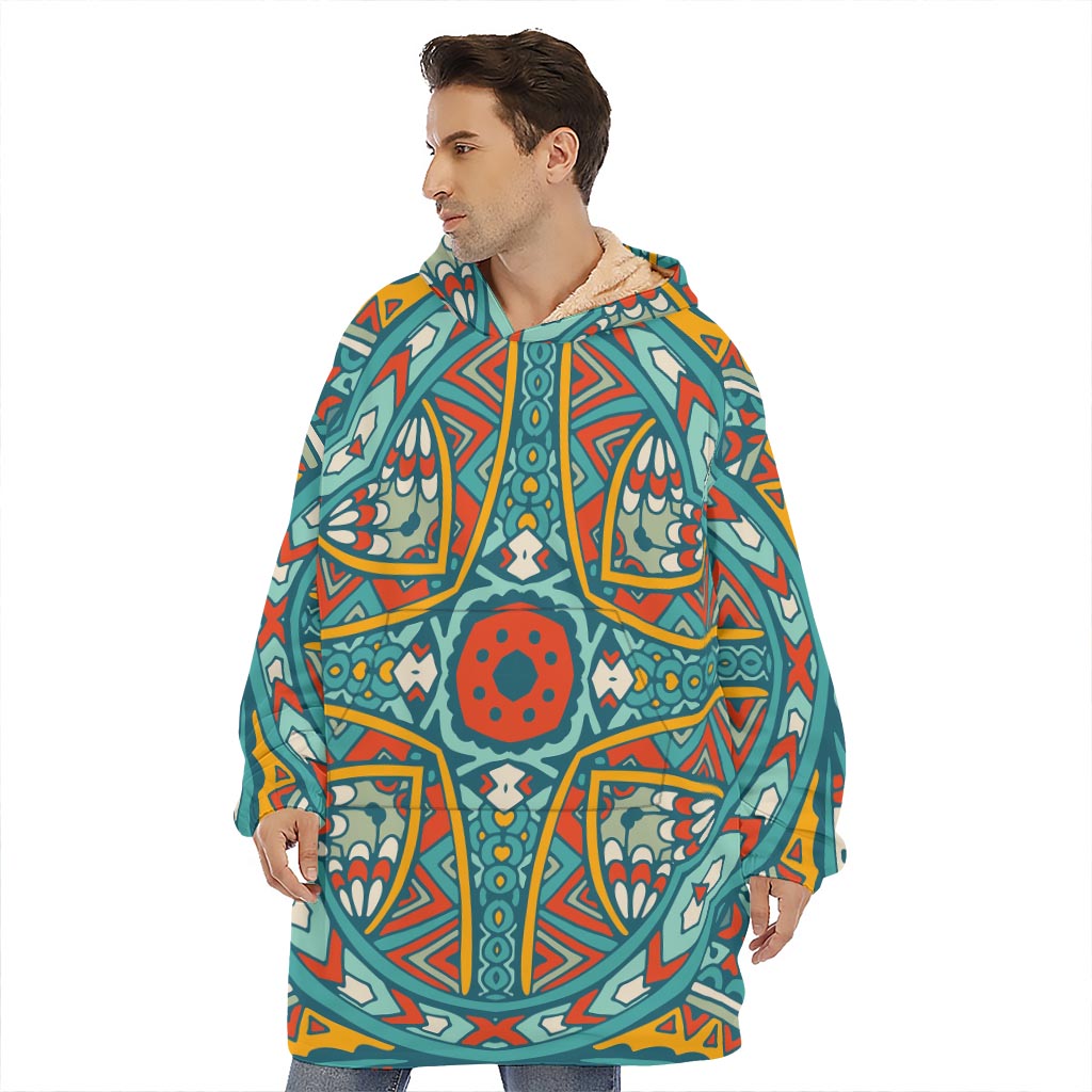 Teal Bohemian Mandala Pattern Print Hoodie Blanket