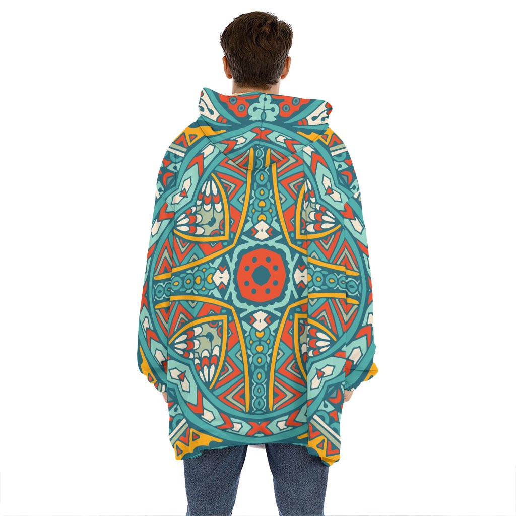 Teal Bohemian Mandala Pattern Print Hoodie Blanket