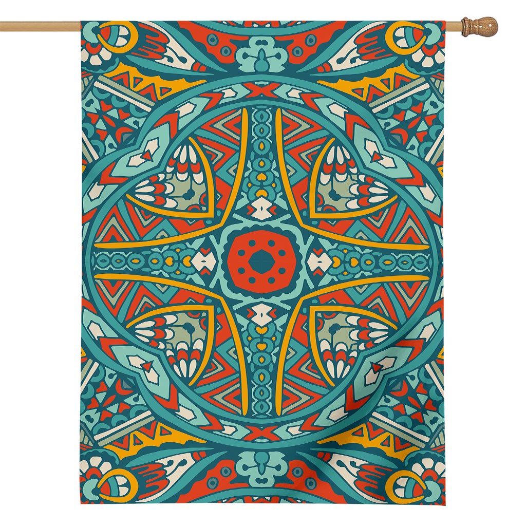 Teal Bohemian Mandala Pattern Print House Flag