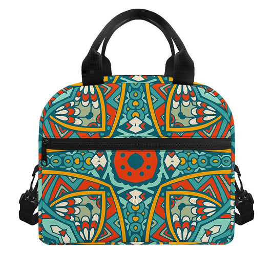 Teal Bohemian Mandala Pattern Print Insulated Lunch Bag