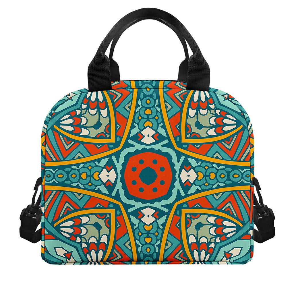 Teal Bohemian Mandala Pattern Print Insulated Lunch Bag