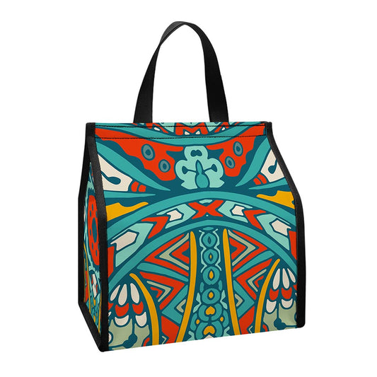Teal Bohemian Mandala Pattern Print Insulated Lunch Tote