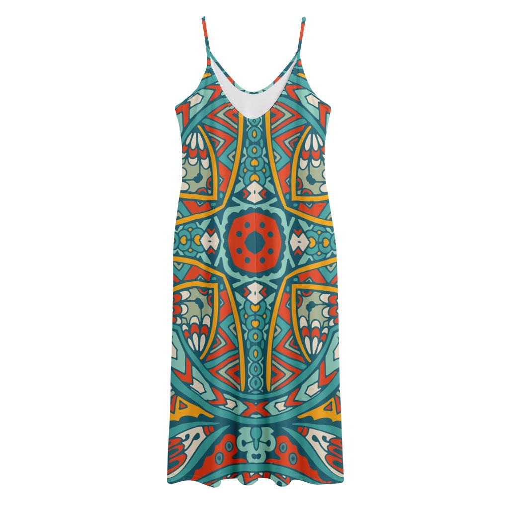Teal Bohemian Mandala Pattern Print Jersey Midi Cami Dress
