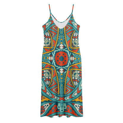 Teal Bohemian Mandala Pattern Print Jersey Midi Cami Dress