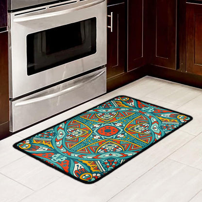 Teal Bohemian Mandala Pattern Print Kitchen Mat