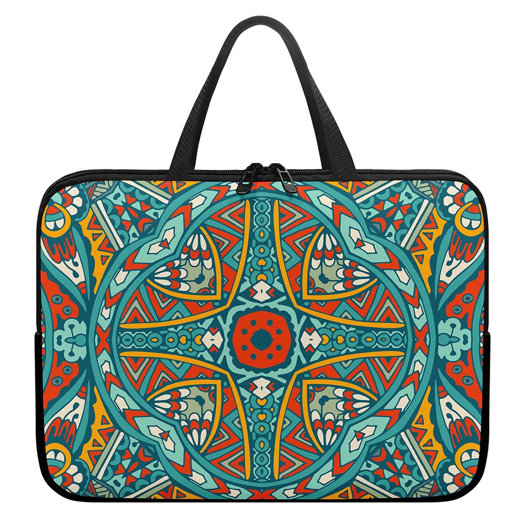Teal Bohemian Mandala Pattern Print Laptop Sleeve With Handle