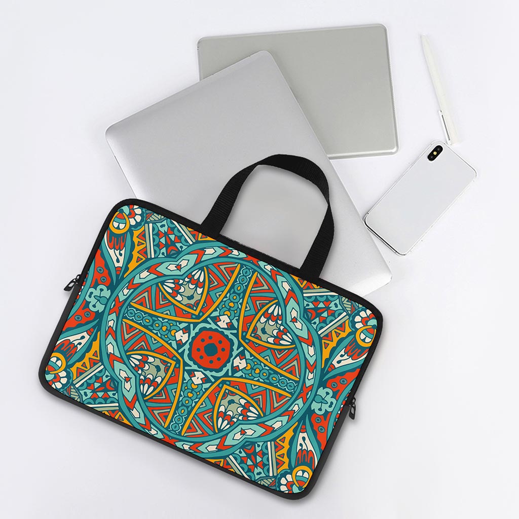 Teal Bohemian Mandala Pattern Print Laptop Sleeve With Handle