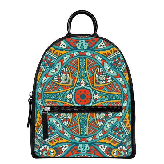 Teal Bohemian Mandala Pattern Print Leather Backpack