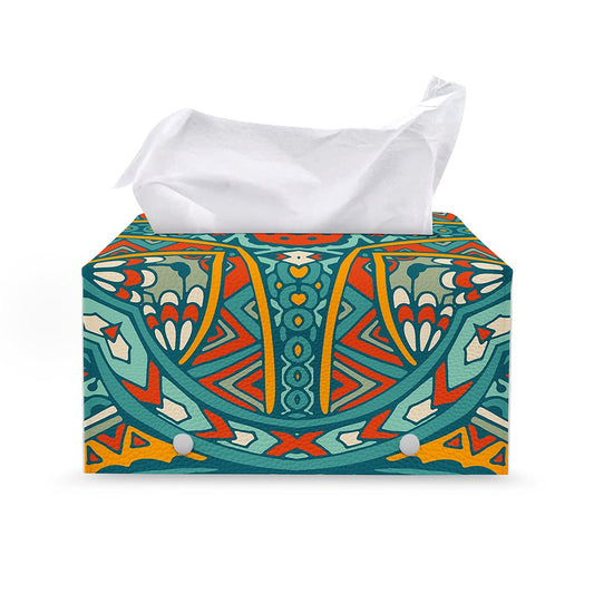 Teal Bohemian Mandala Pattern Print Leather Tissue Box Cover
