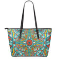 Teal Bohemian Mandala Pattern Print Leather Tote Bag With Zipper