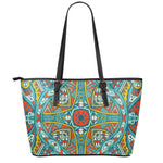 Teal Bohemian Mandala Pattern Print Leather Tote Bag