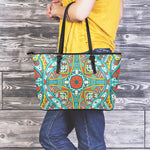 Teal Bohemian Mandala Pattern Print Leather Tote Bag