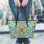 Teal Bohemian Mandala Pattern Print Leather Tote Bag