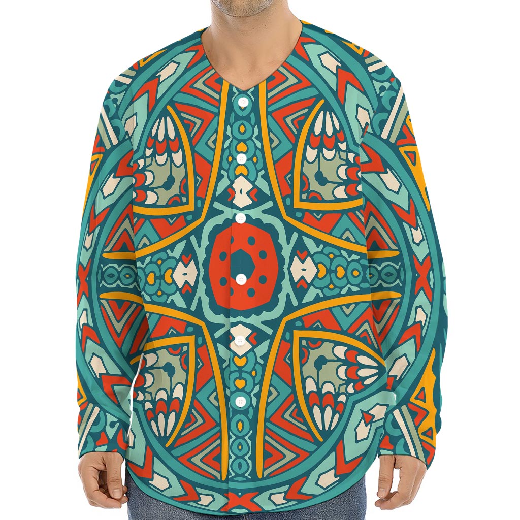Teal Bohemian Mandala Pattern Print Long Sleeve Baseball Jersey
