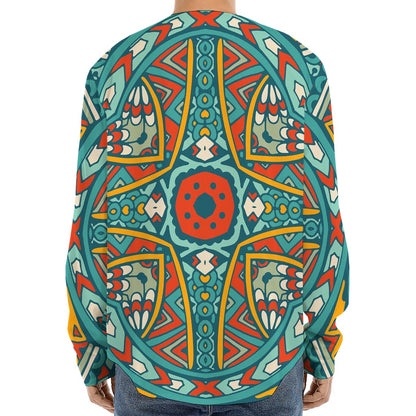 Teal Bohemian Mandala Pattern Print Long Sleeve Baseball Jersey