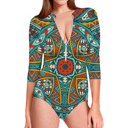 Teal Bohemian Mandala Pattern Print Long Sleeve Swimsuit