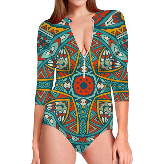 Teal Bohemian Mandala Pattern Print Long Sleeve Swimsuit