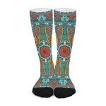 Teal Bohemian Mandala Pattern Print Long Socks