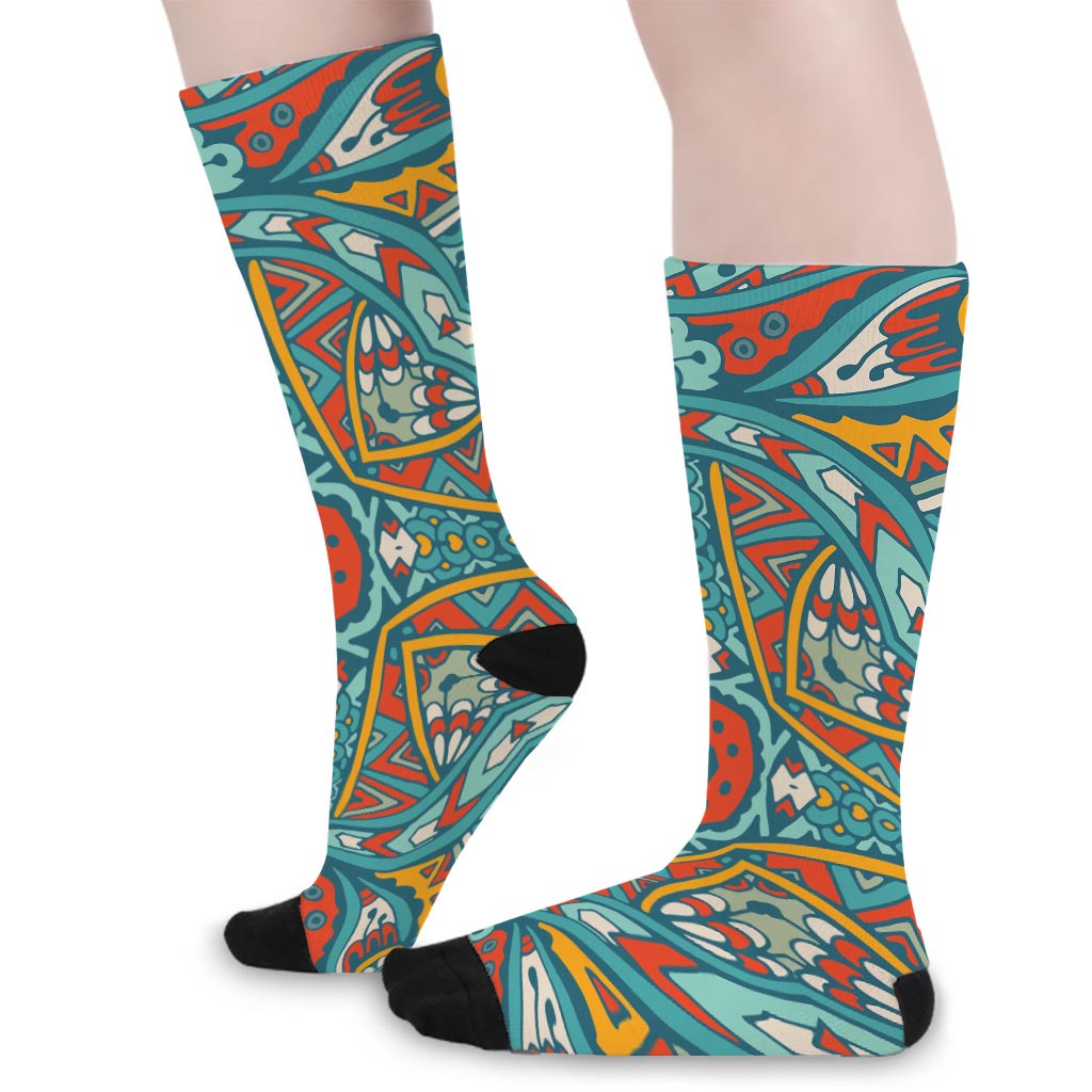 Teal Bohemian Mandala Pattern Print Long Socks