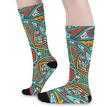 Teal Bohemian Mandala Pattern Print Long Socks