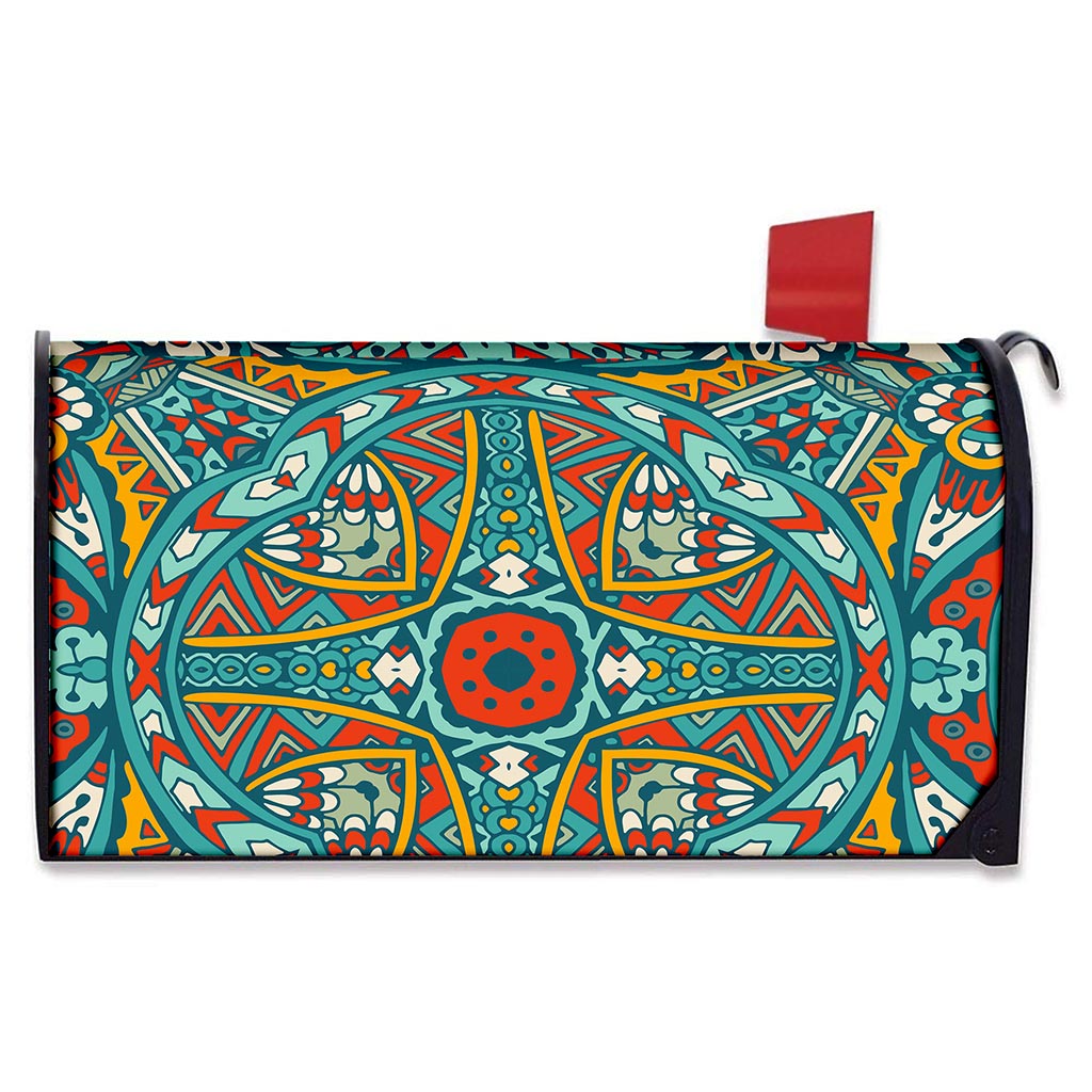 Teal Bohemian Mandala Pattern Print Mailbox Cover