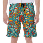 Teal Bohemian Mandala Pattern Print Men's Beach Shorts