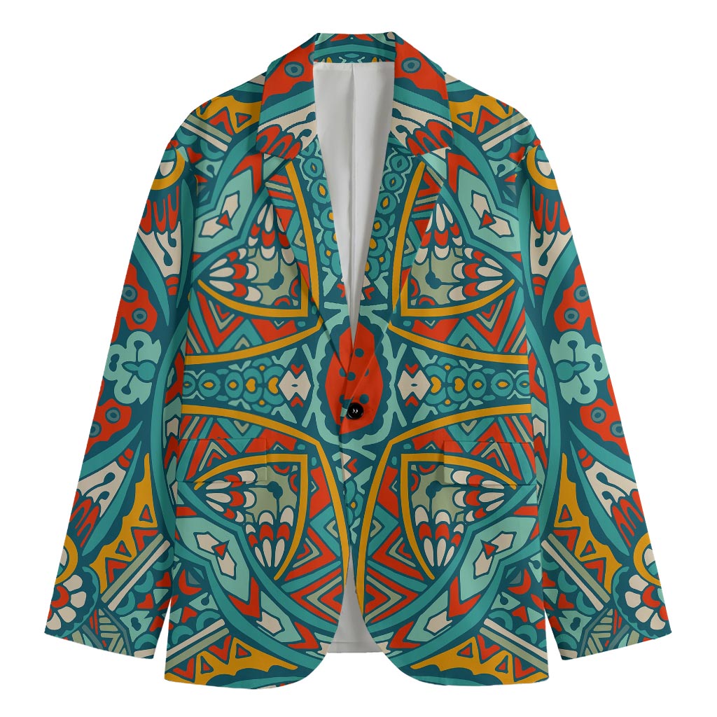 Teal Bohemian Mandala Pattern Print Men's Cotton Blazer