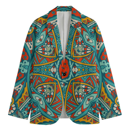 Teal Bohemian Mandala Pattern Print Men's Cotton Blazer