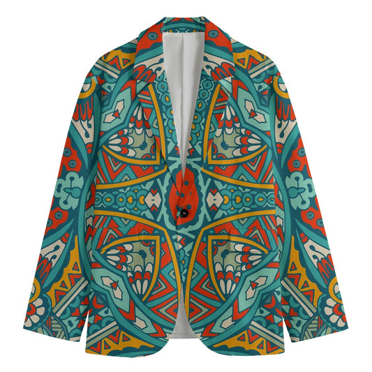 Teal Bohemian Mandala Pattern Print Men's Cotton Blazer