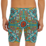 Teal Bohemian Mandala Pattern Print Men's Long Boxer Briefs