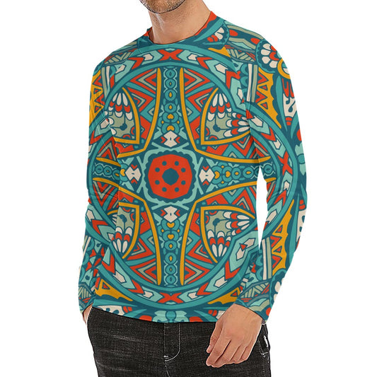 Teal Bohemian Mandala Pattern Print Men's Long Sleeve Rash Guard