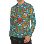 Teal Bohemian Mandala Pattern Print Men's Long Sleeve Rash Guard