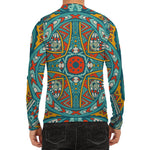 Teal Bohemian Mandala Pattern Print Men's Long Sleeve Rash Guard