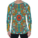Teal Bohemian Mandala Pattern Print Men's Long Sleeve T-Shirt
