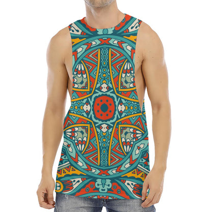 Teal Bohemian Mandala Pattern Print Men's Muscle Tank Top