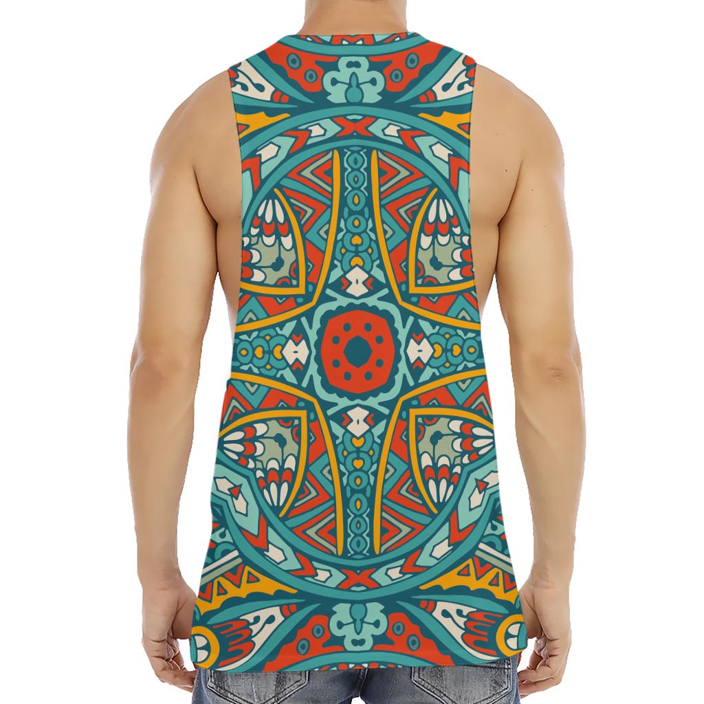 Teal Bohemian Mandala Pattern Print Men's Muscle Tank Top