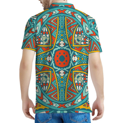 Teal Bohemian Mandala Pattern Print Men's Polo Shirt