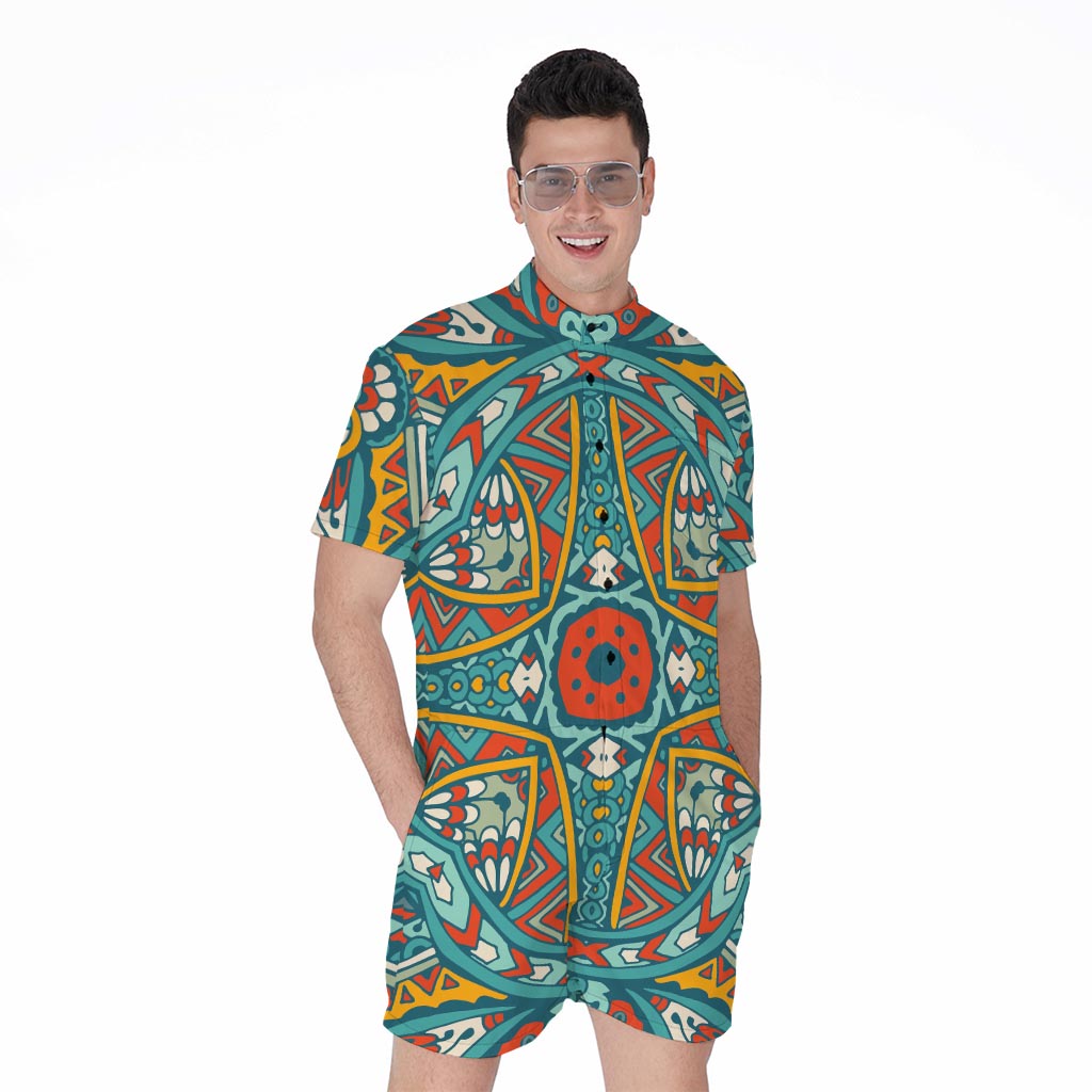 Teal Bohemian Mandala Pattern Print Men's Rompers