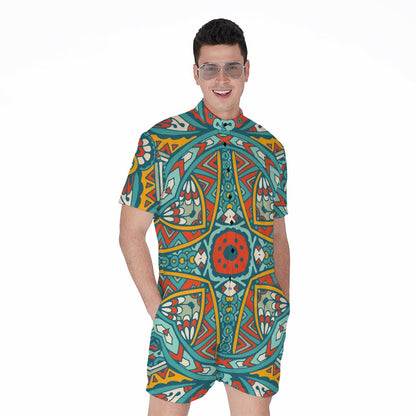 Teal Bohemian Mandala Pattern Print Men's Rompers