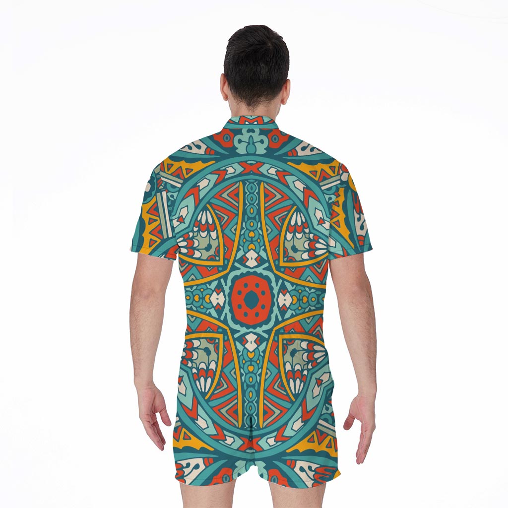 Teal Bohemian Mandala Pattern Print Men's Rompers