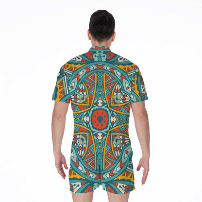Teal Bohemian Mandala Pattern Print Men's Rompers
