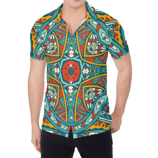 Teal Bohemian Mandala Pattern Print Men's Shirt