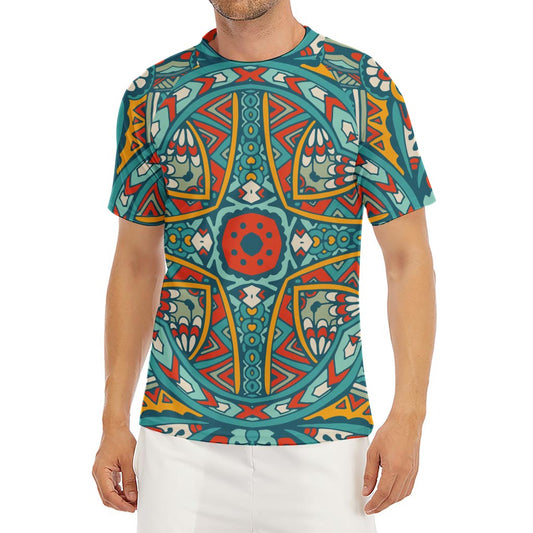 Teal Bohemian Mandala Pattern Print Men's Short Sleeve Rash Guard