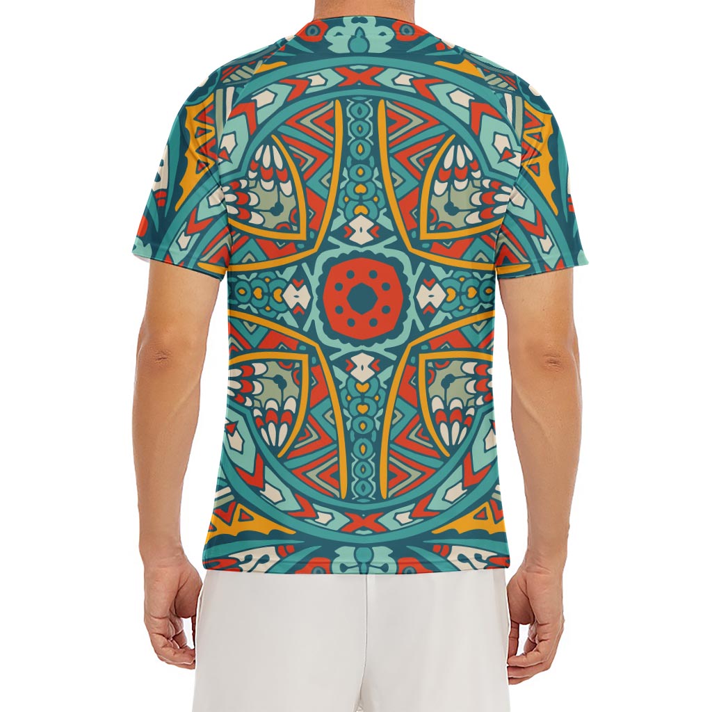 Teal Bohemian Mandala Pattern Print Men's Short Sleeve Rash Guard