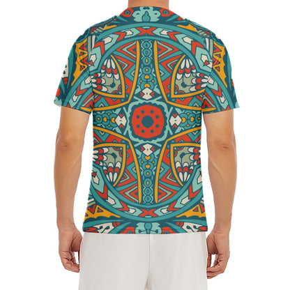 Teal Bohemian Mandala Pattern Print Men's Short Sleeve Rash Guard