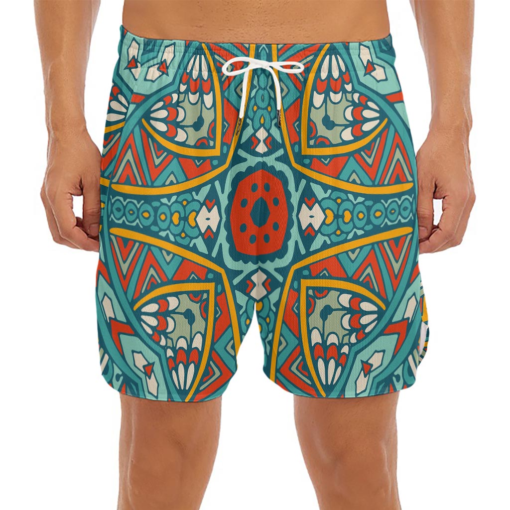 Teal Bohemian Mandala Pattern Print Men's Split Running Shorts