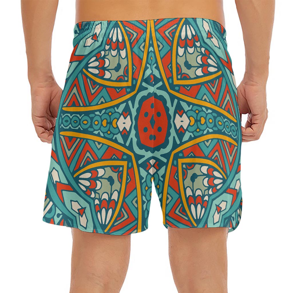 Teal Bohemian Mandala Pattern Print Men's Split Running Shorts