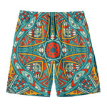 Teal Bohemian Mandala Pattern Print Men's Swim Trunks