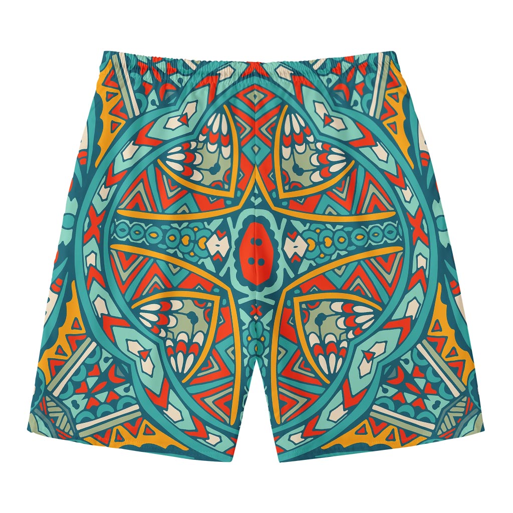 Teal Bohemian Mandala Pattern Print Men's Swim Trunks