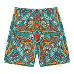Teal Bohemian Mandala Pattern Print Men's Swim Trunks